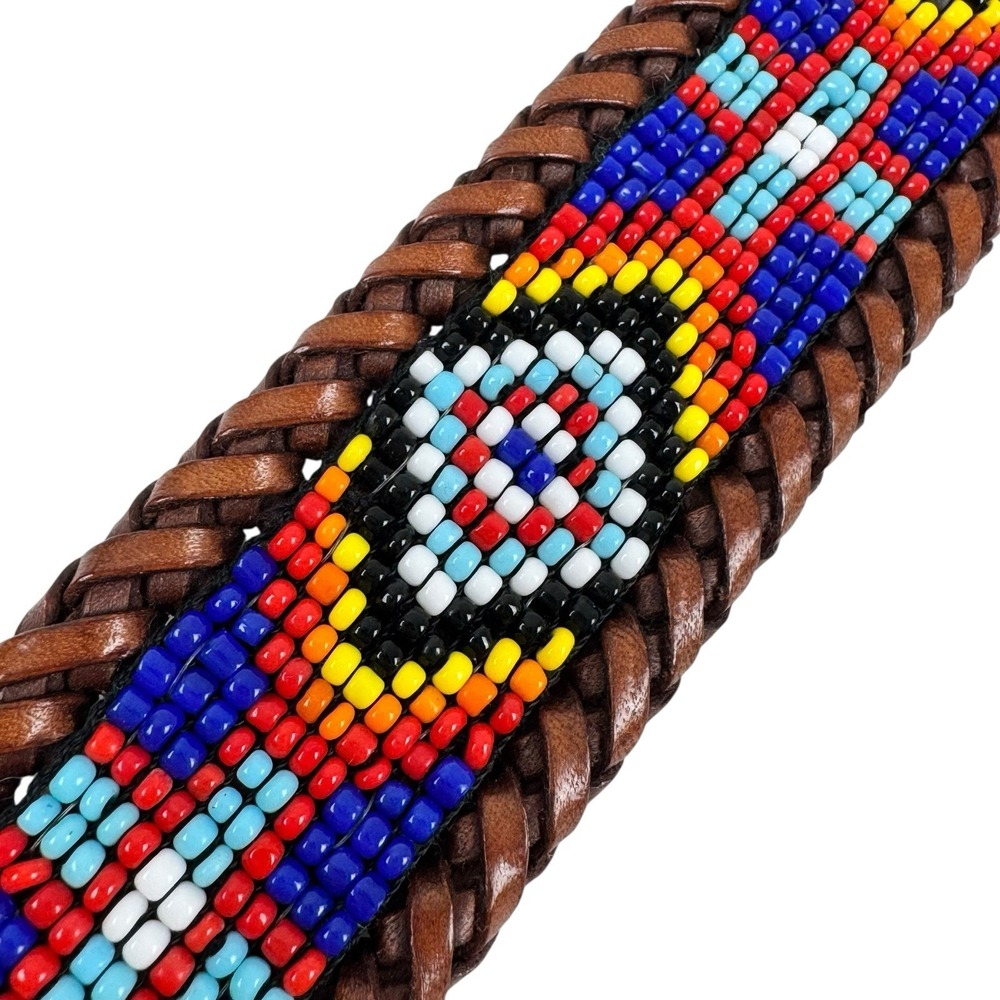 Vintage 90's South Western Beaded Brown Leather Belt 37.5" Native American Aztec - Picture 2 of 13